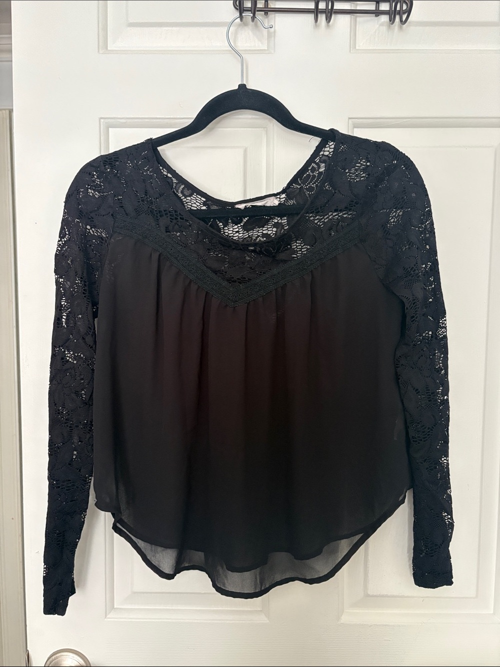 Lush Black Lace Yoke Long Sleeve Blouse